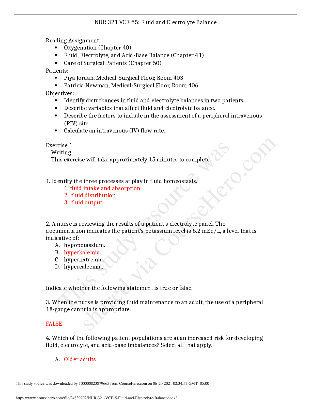 Preview of (Answered) NUR 321 VCE #5 Fluid and Electrolyte Balance | Piya Jordan, Medical-Surgical Fl